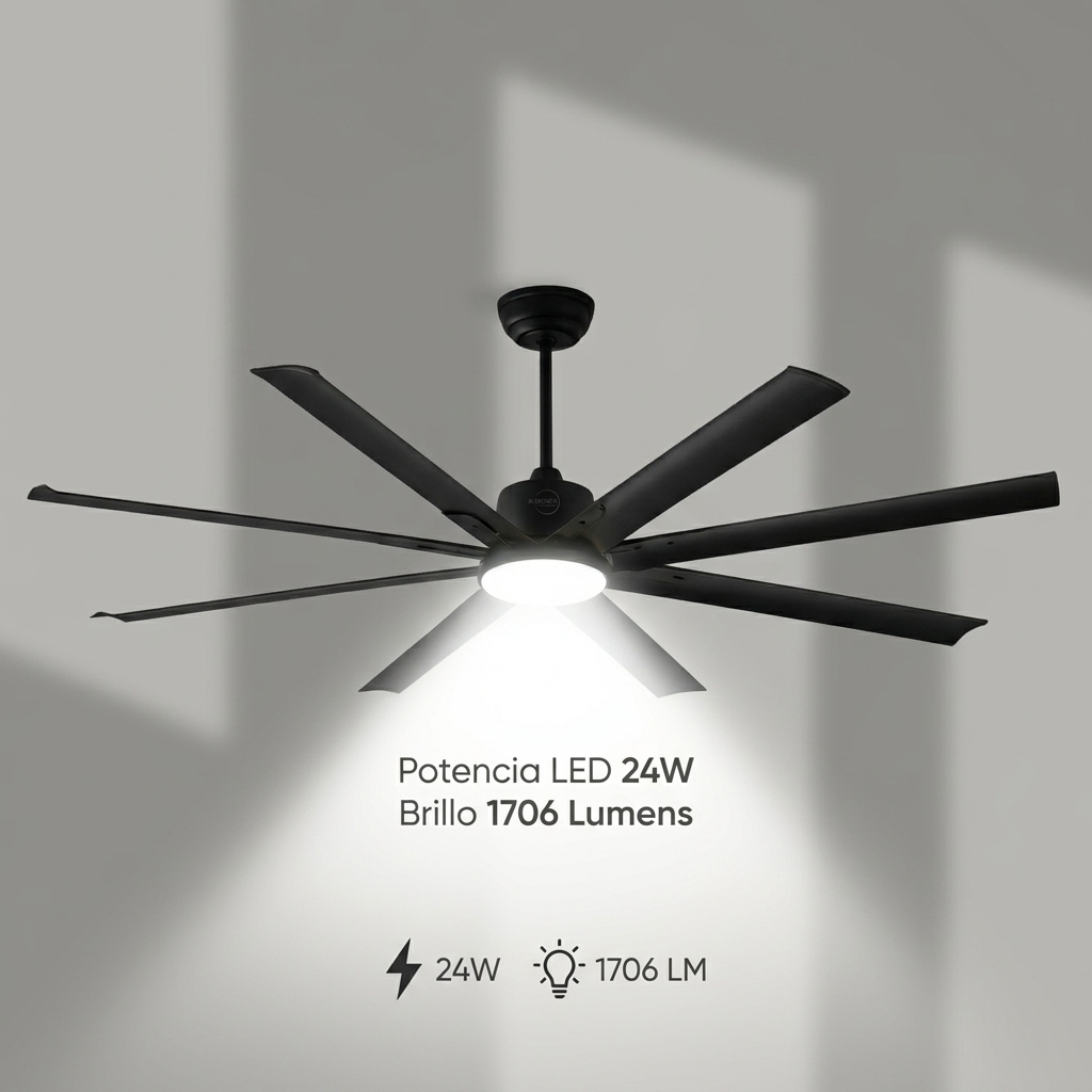 Ventilador de techo negro de 8 aspas con luz integrada, proyectando sombras en la pared.