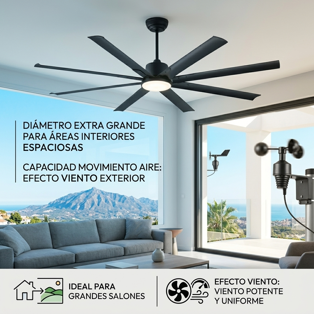 Ventilador de techo negro sobre un sofá, con vista a montañas y mar.