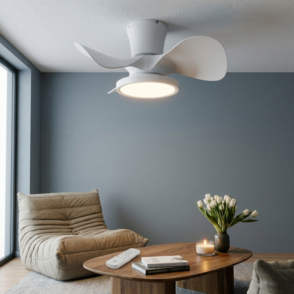 Un ventilador de techo blanco con luz en una sala de estar moderna.