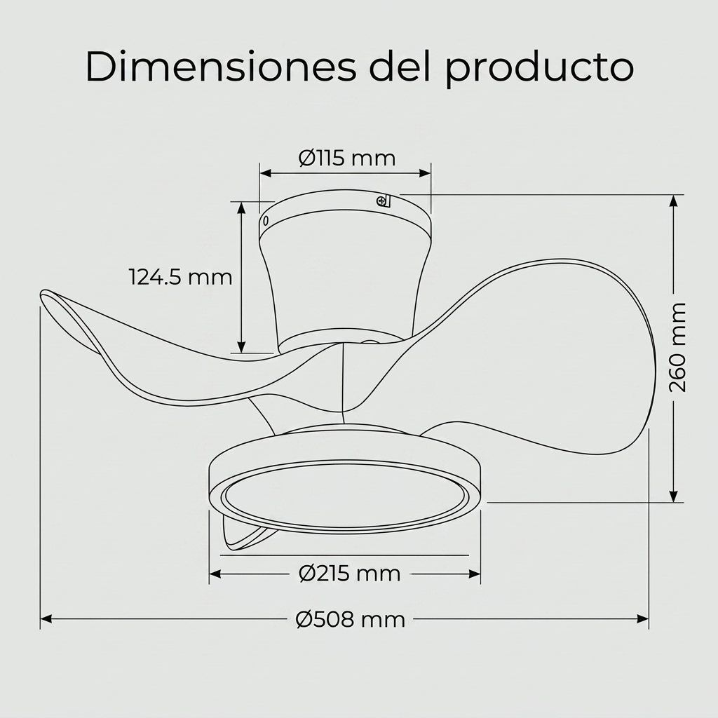 Diagrama de ventilador de techo con dimensiones. Ø115 mm superior, 260 mm altura.