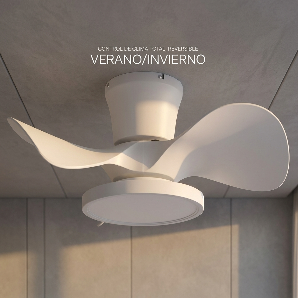 Un ventilador de techo blanco con aspas curvas está montado en el techo.