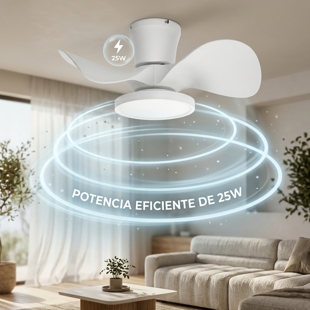 Lámpara de ventilador de techo blanca con 25W de eficiencia energética.