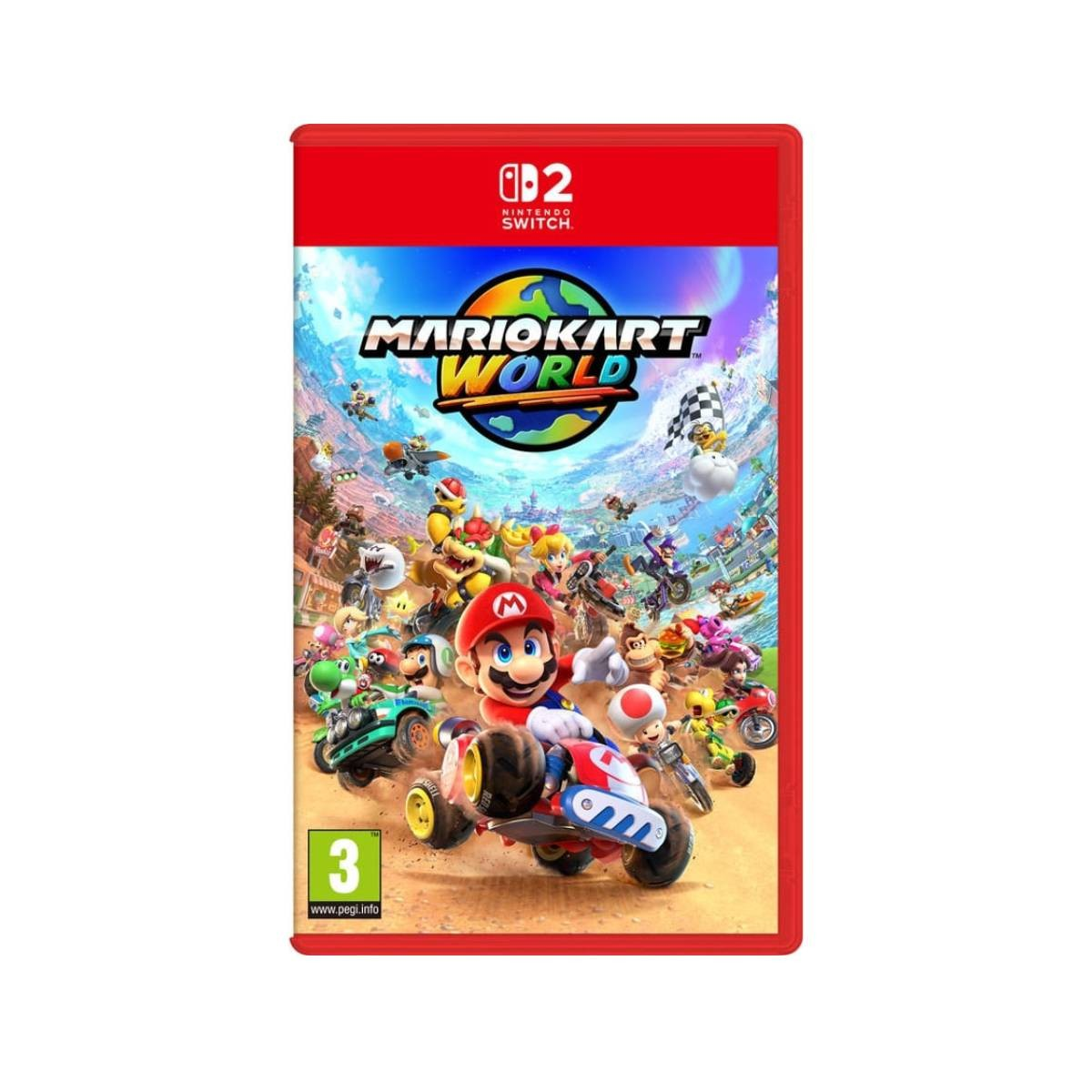 Copertina Mario Kart World: Mario su un go-kart con amici su una colorata pista.
