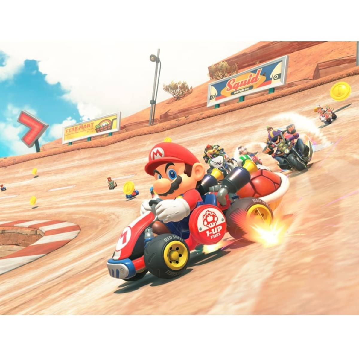 Mario corre col suo kart su una pista polverosa con altri piloti.