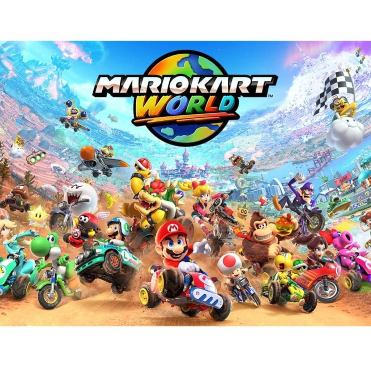 Mario Kart World: Personaggi corrono su go-kart colorati attraverso un mondo fantastico.