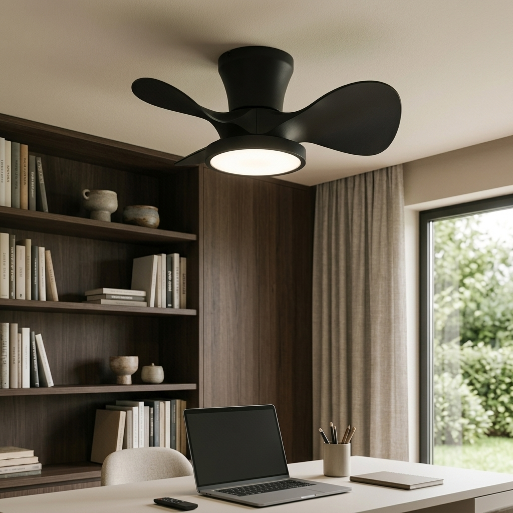 Ventilador de techo negro con luz sobre un escritorio con portátil.
