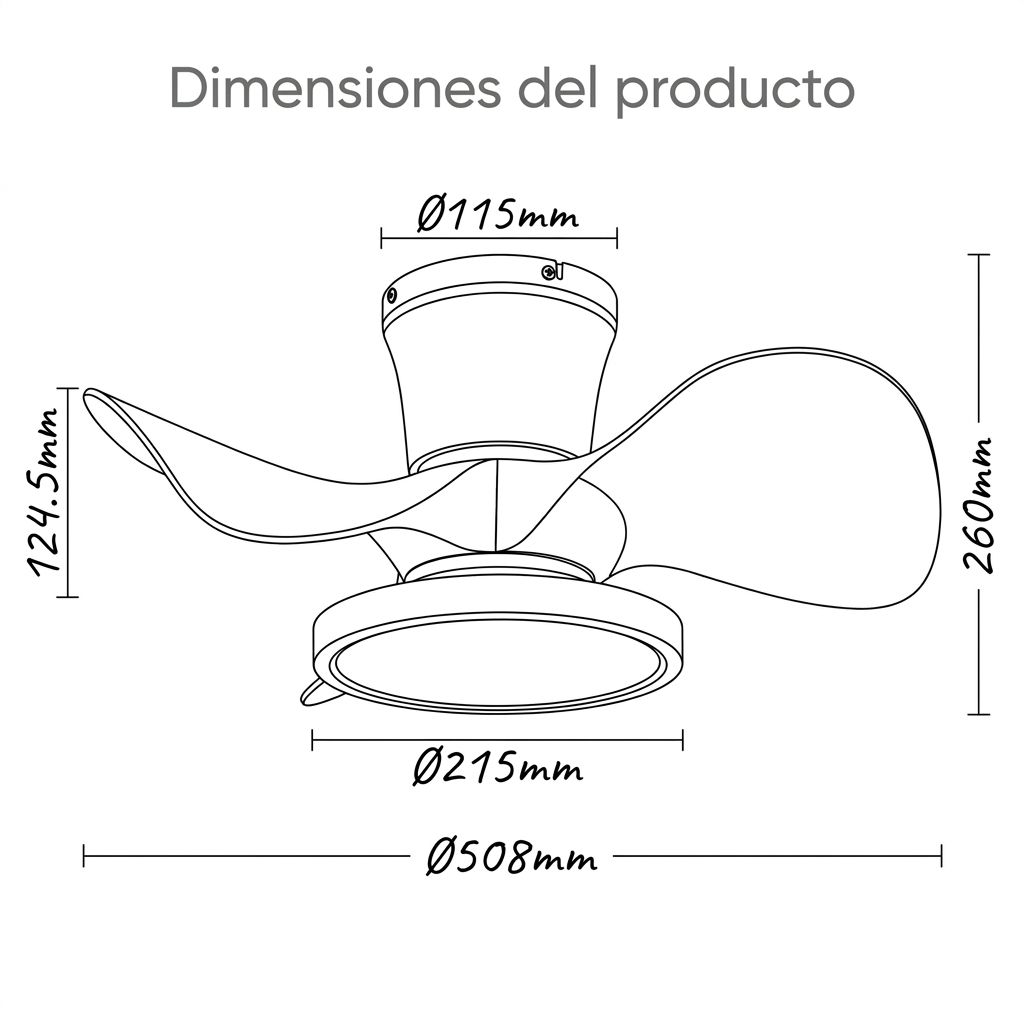 Dibujo técnico de un ventilador de techo con dimensiones.
