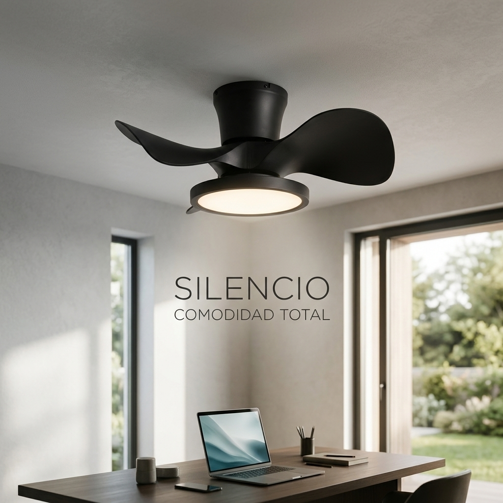 Ventilador de techo negro con luz sobre un escritorio con portátil.