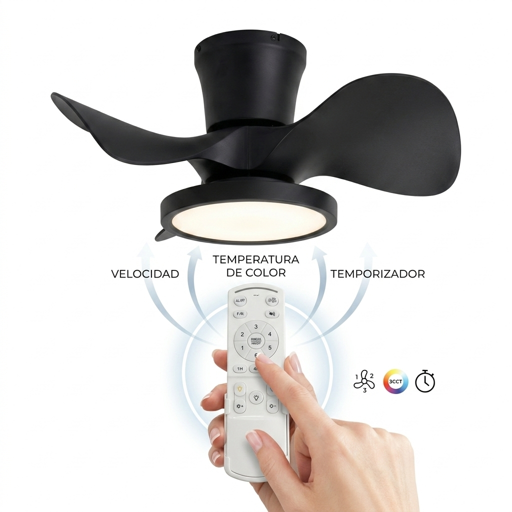 Ventilador de techo negro con luz, controlado por mando.
