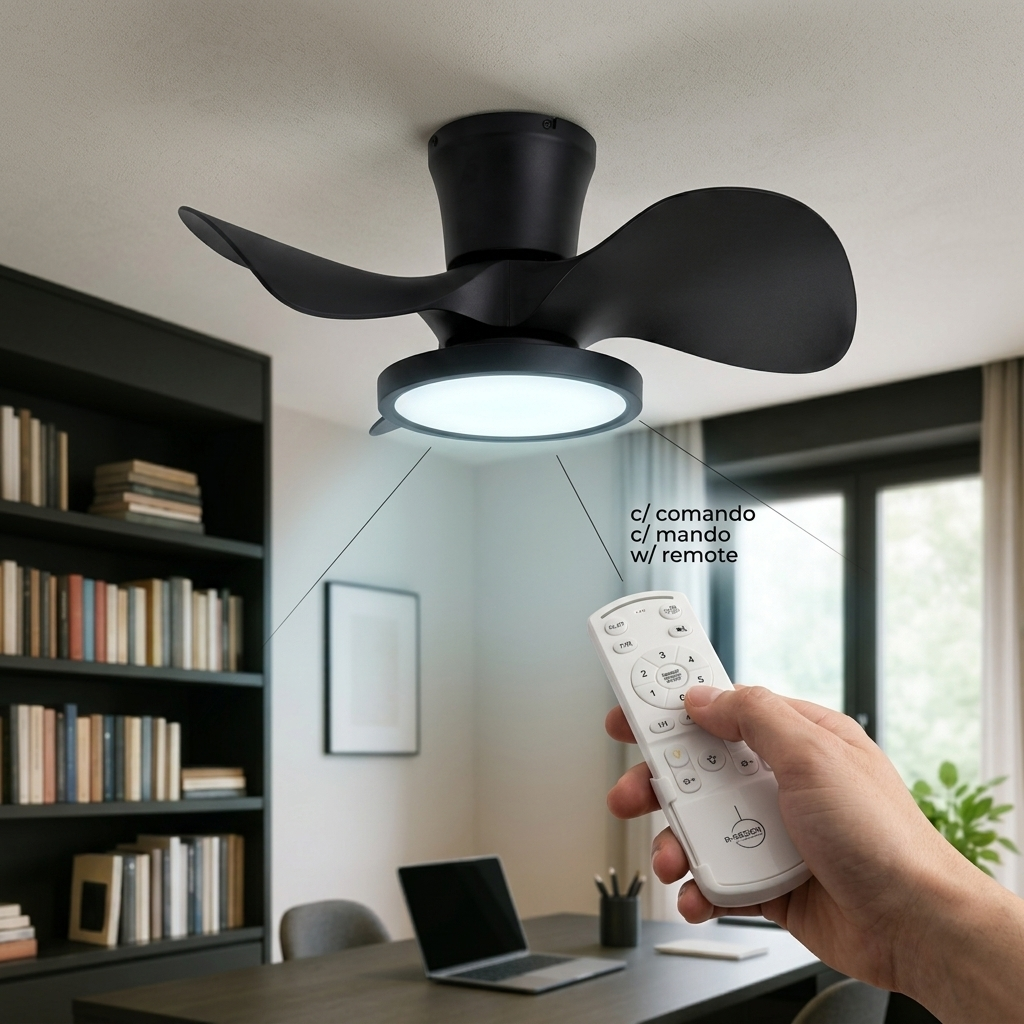 Ventilador de techo negro con luz y mando a distancia en una habitación.