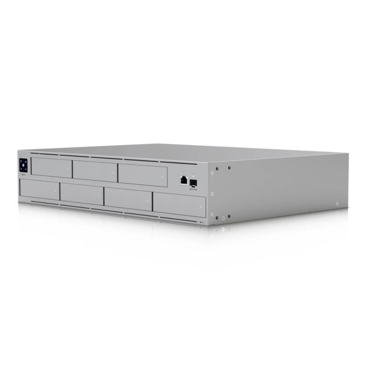 Chassis server grigio per montaggio rack con sei alloggiamenti e porte di rete.