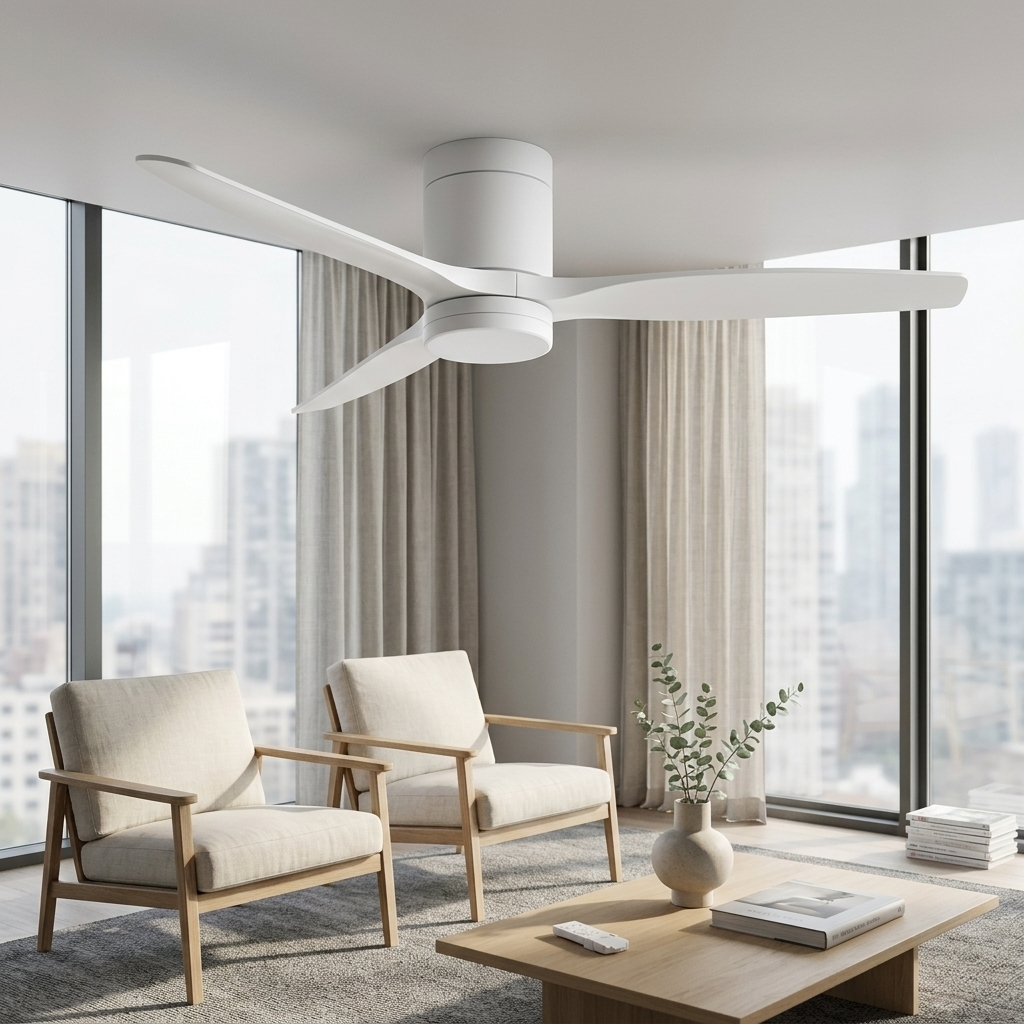 Salón moderno con sillones blancos, mesa de madera y ventilador de techo.