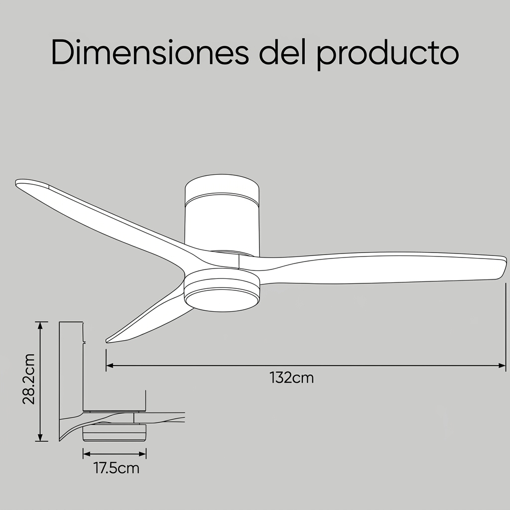 Ventilador de techo con dimensiones: 132cm diámetro, 28.2cm alto, 17.5cm pared.