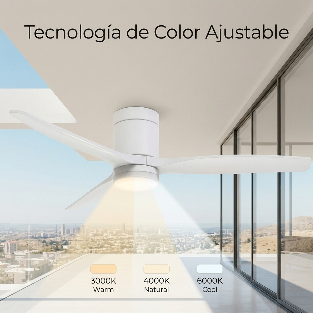 Ventilador de techo blanco moderno con color de luz ajustable: cálido, natural, frío.
