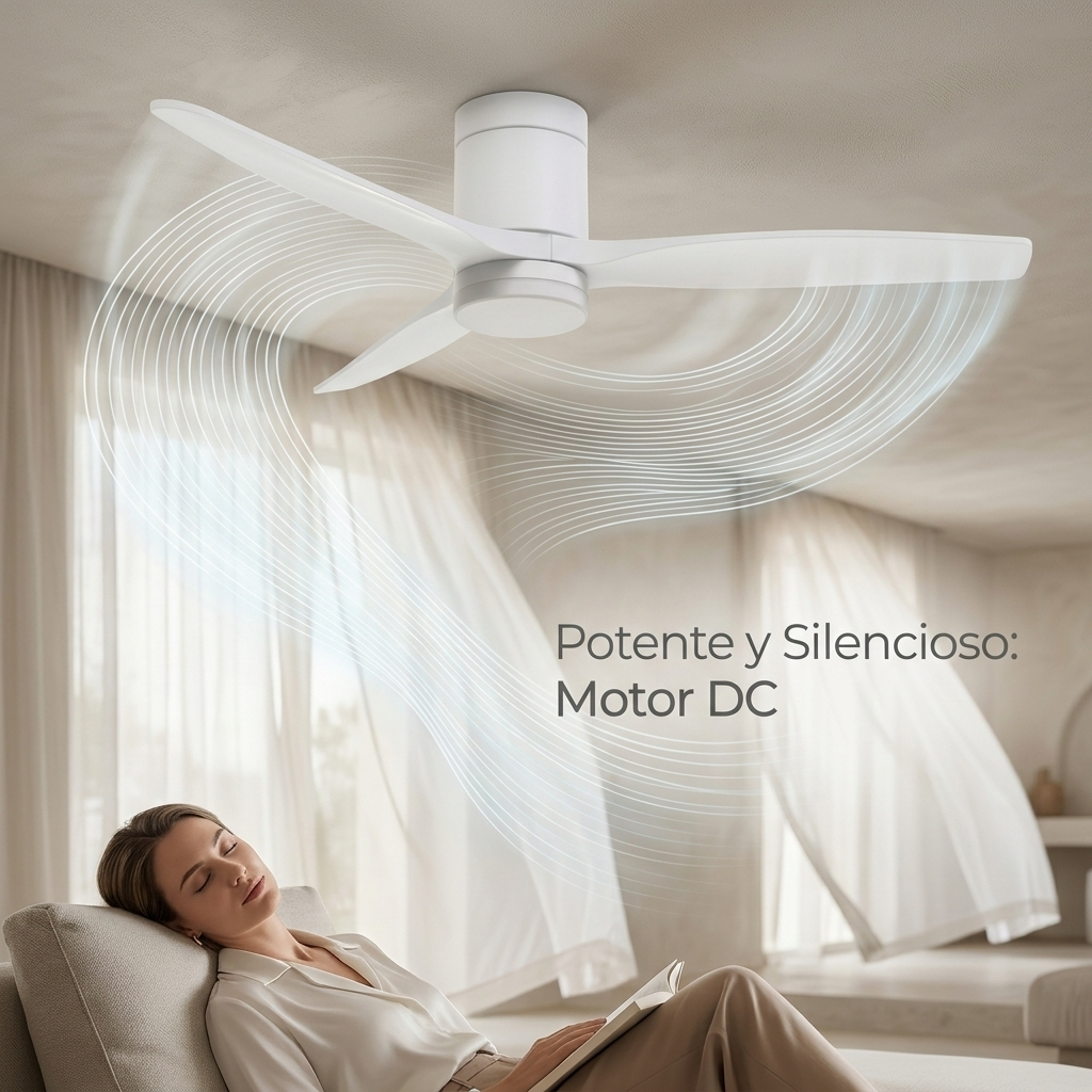 Un ventilador de techo blanco circula aire sobre una mujer descansando.