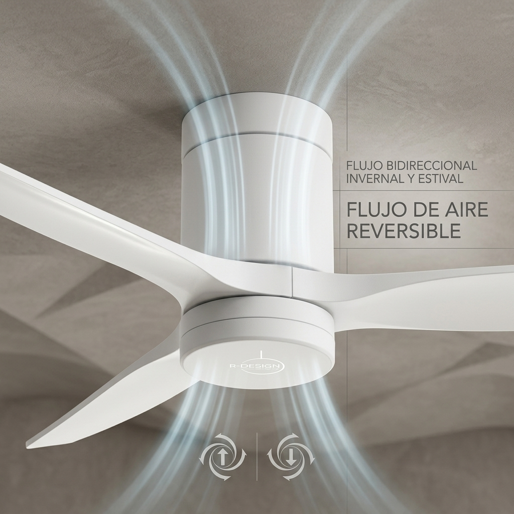 Un ventilador de techo blanco de tres aspas que expulsa aire hacia arriba y abajo.