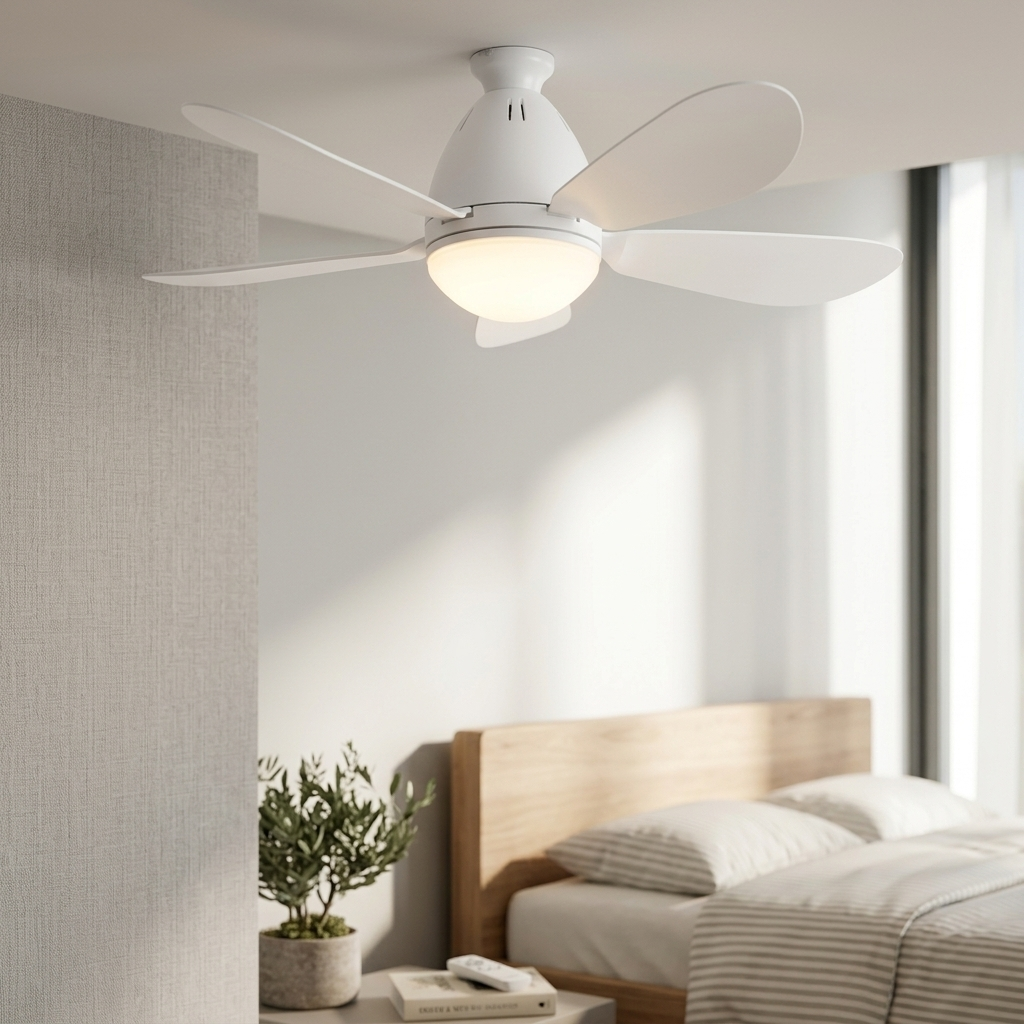 Un ventilador de techo blanco con luz sobre una cama en un dormitorio.