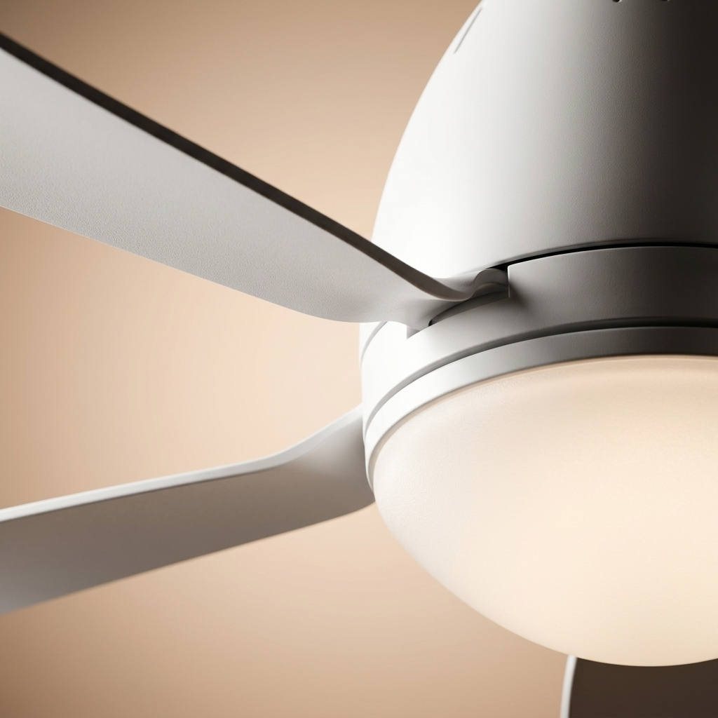 Un ventilador de techo blanco moderno con luz, vista cercana.