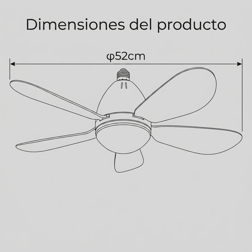 Un dibujo lineal de un ventilador de techo de 5 aspas de 52 cm de diámetro.