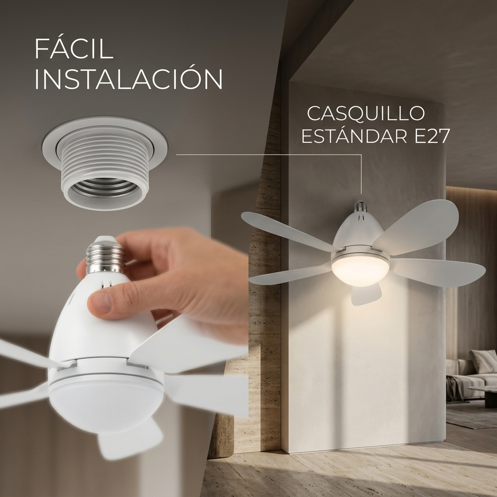 Lámpara ventilador de techo blanca con casquillo E27 se instala.