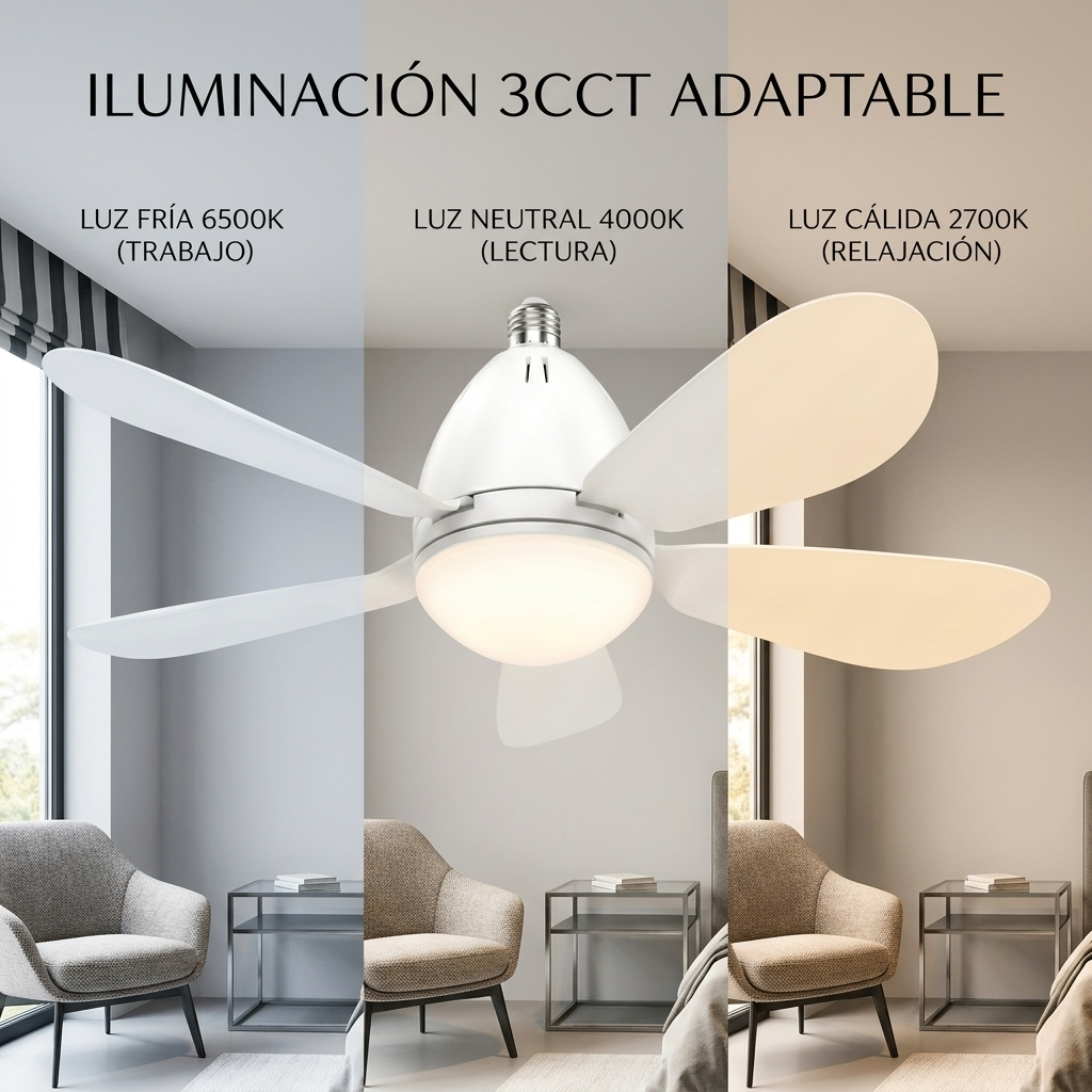 Ventilador de techo con luz mostrando tres temperaturas de color: fría, neutra, cálida.