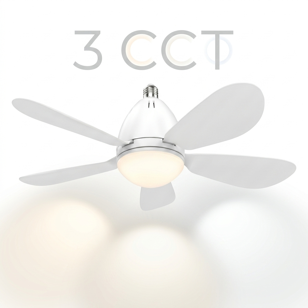 Ventilador de techo blanco con luz, mostrando 3 opciones CCT.