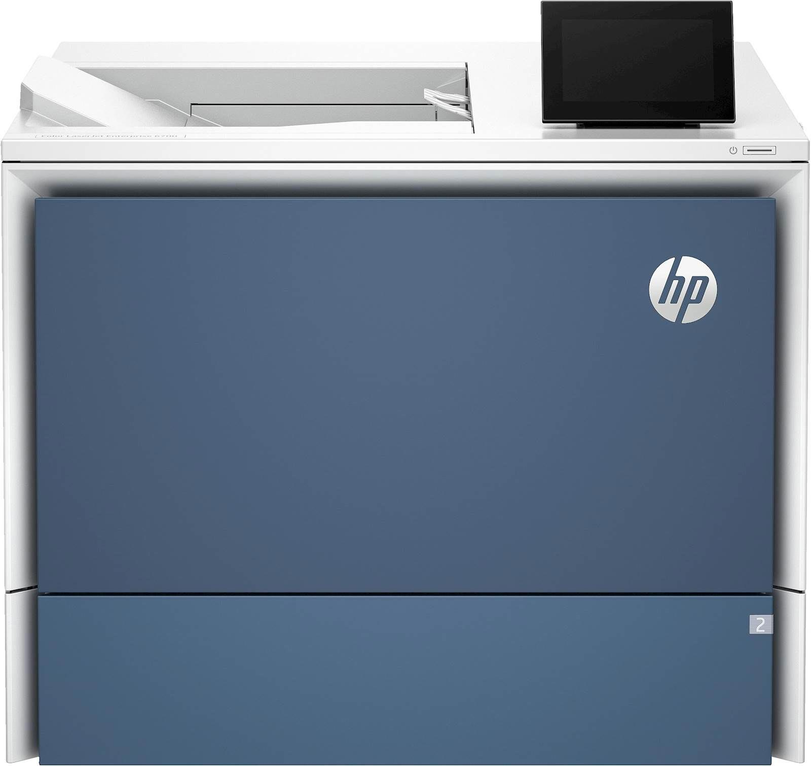 Niebieska drukarka HP z ekranem dotykowym i logo HP.
