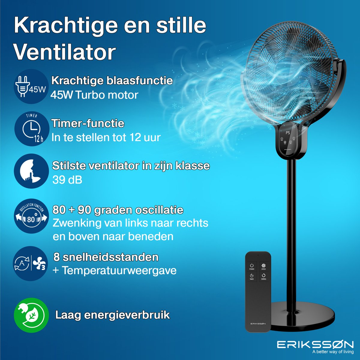 Krachtige, stille ventilator met timer, 80/90 graden oscillatie en 8 snelheden.
