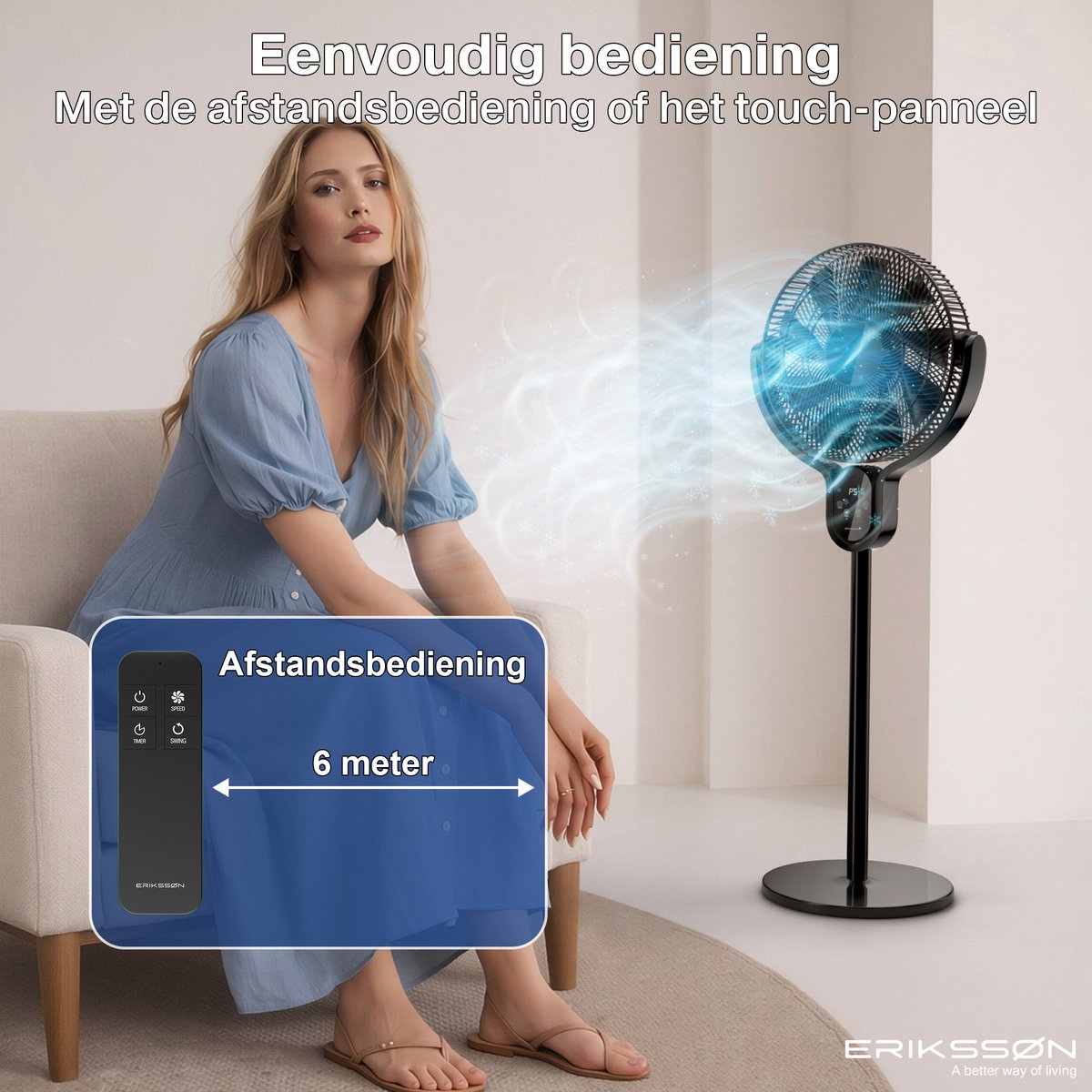 Vrouw op bank bij ventilator met afstandsbediening, toont 6m bereik.