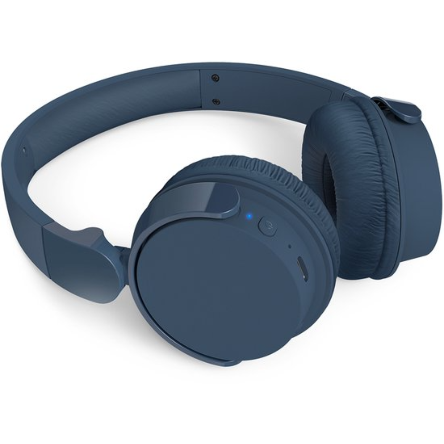 Casque circum-auriculaire bleu foncé avec coussinets et arceau sur fond blanc.