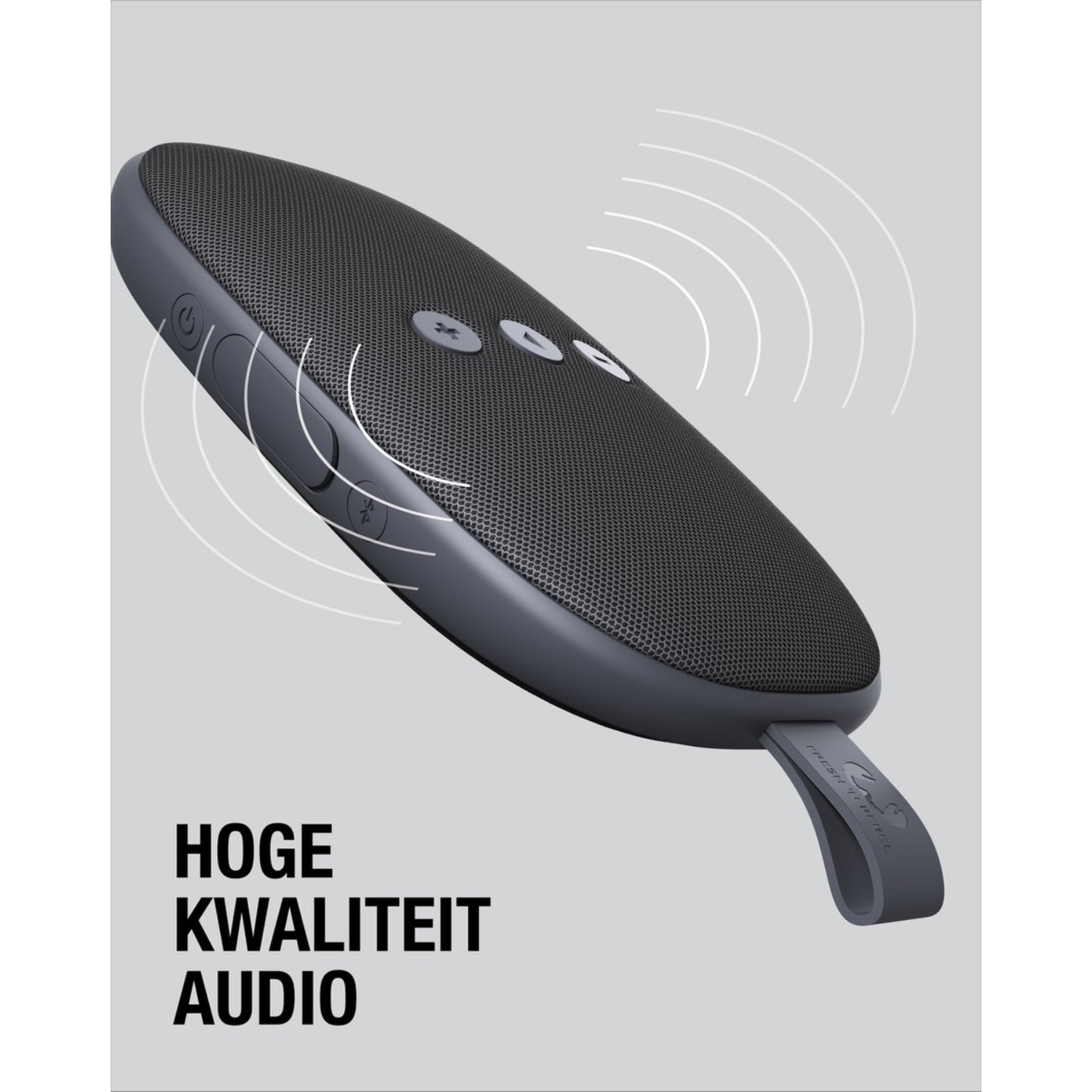 Een grijze Bluetooth-speaker met knoppen en band, die hoge audiokwaliteit belooft.