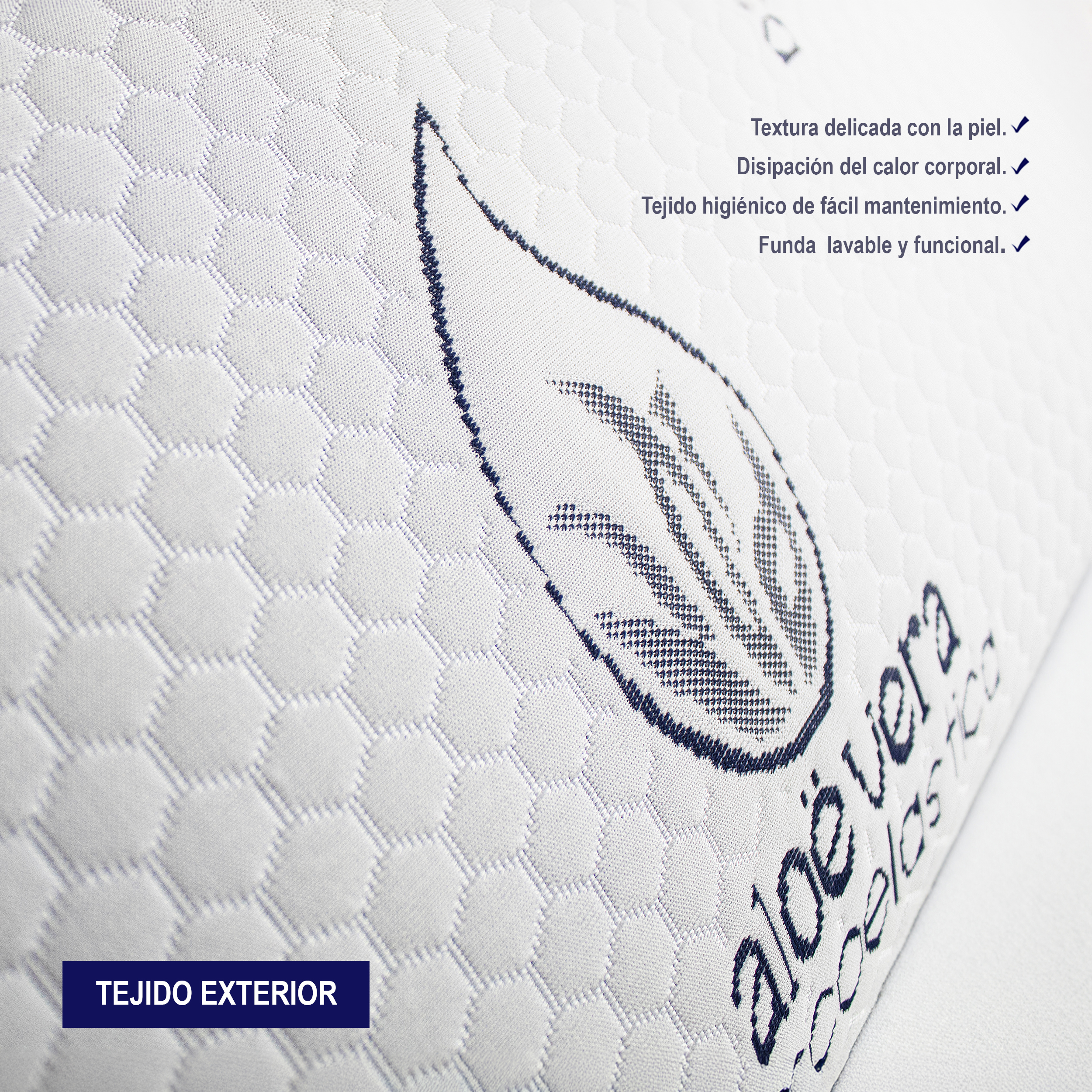 Superficie de tela blanca con costuras hexagonales y estampado de aloe vera.