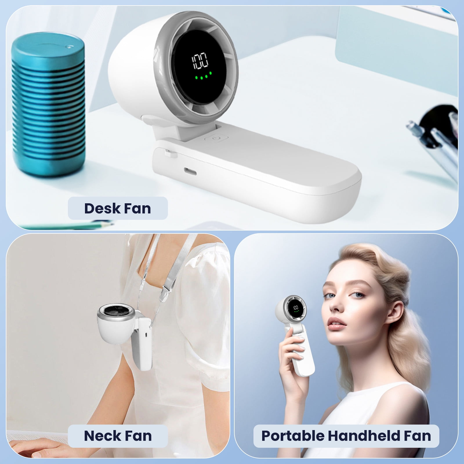 Ein blauer Lautsprecher und ein weißer Ventilator mit Display.