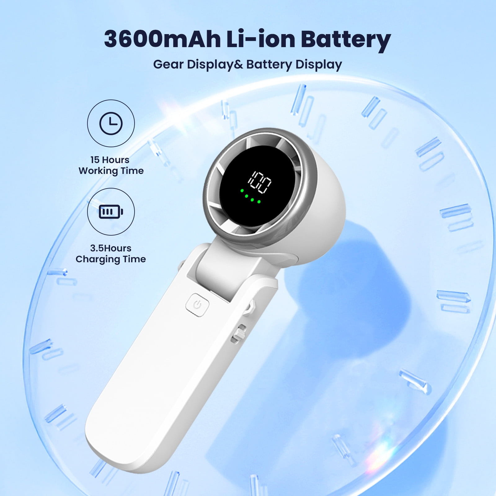 Ein wei04er tragbarer Ventilator mit Digitalanzeige f03r Akku und Gang.
