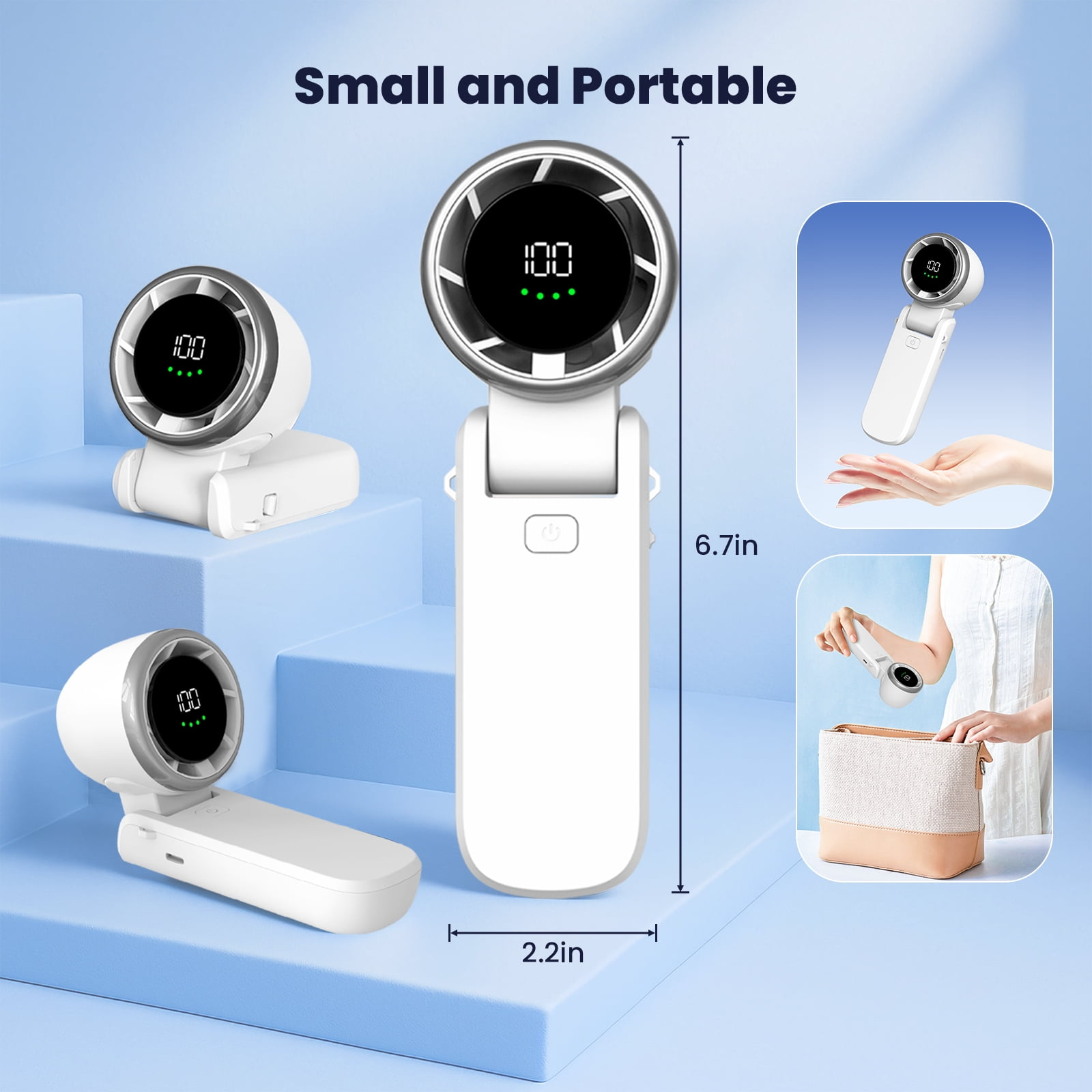 Ein weißer, tragbarer Ventilator mit digitaler Anzeige und Klappgriff auf blauem Hintergrund.
