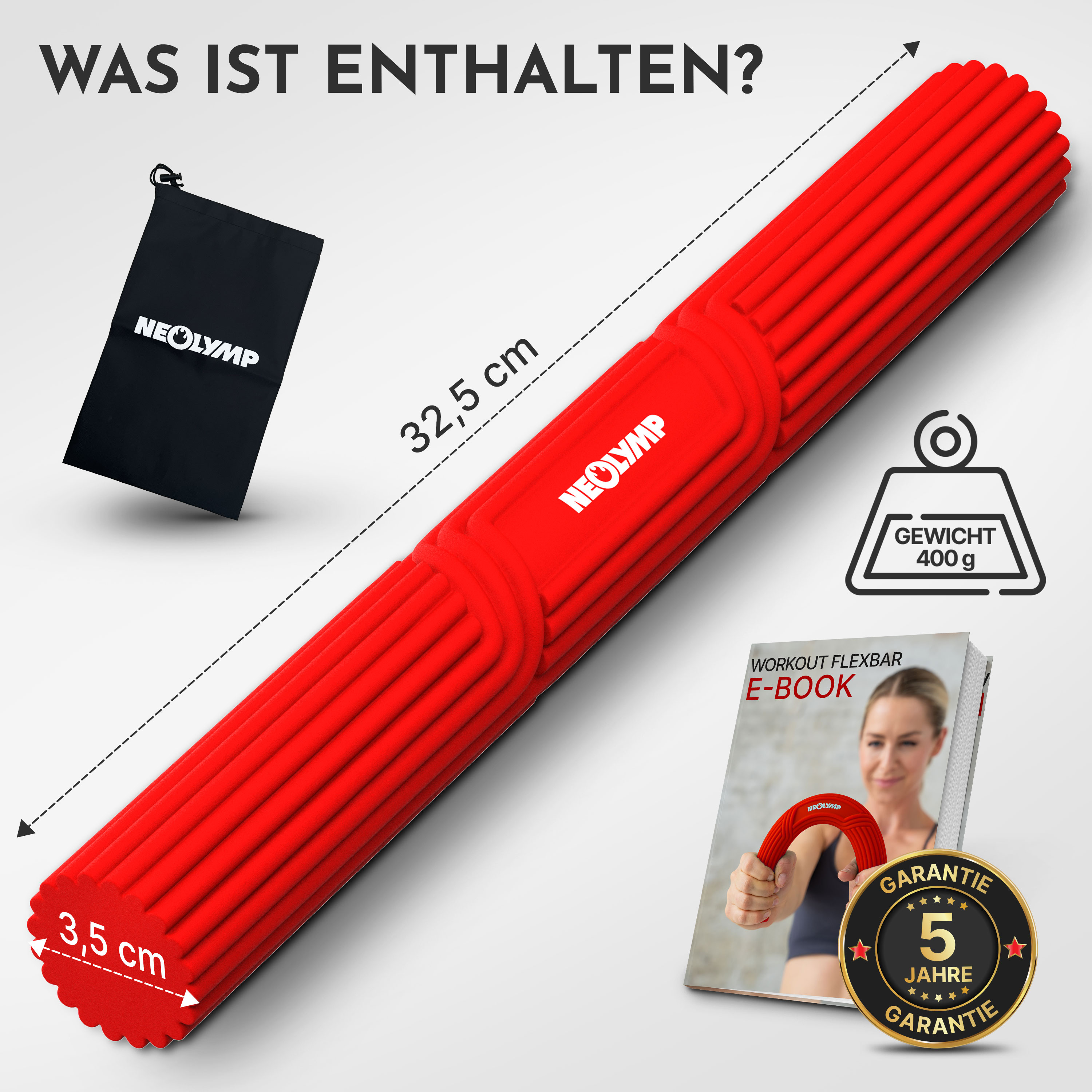 Roter Flexbar mit schwarzer Tasche und E-Book, 32,5 cm lang, 400g schwer.