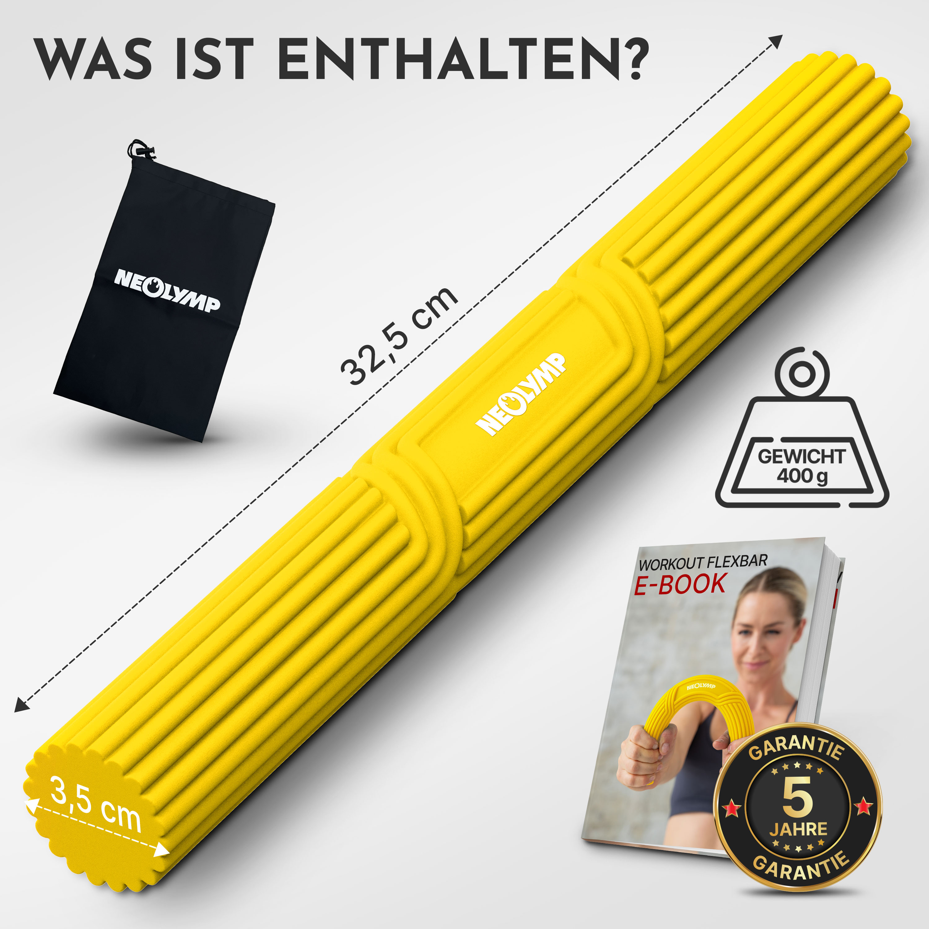 Gelber Flexbar (32,5cm, 400g), schwarze Tasche, E-Book, Garantie-Siegel.