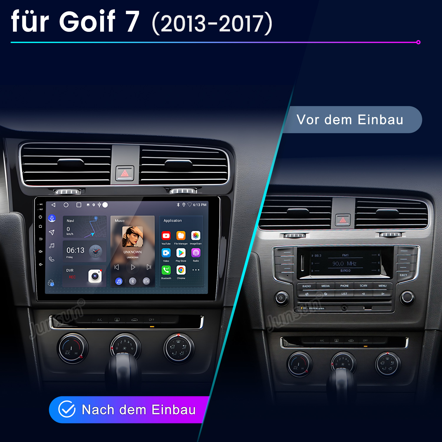 Vorher-Nachher-Vergleich eines Autoradios im Golf 7. Links der neue Touchscreen, rechts das Originalradio.