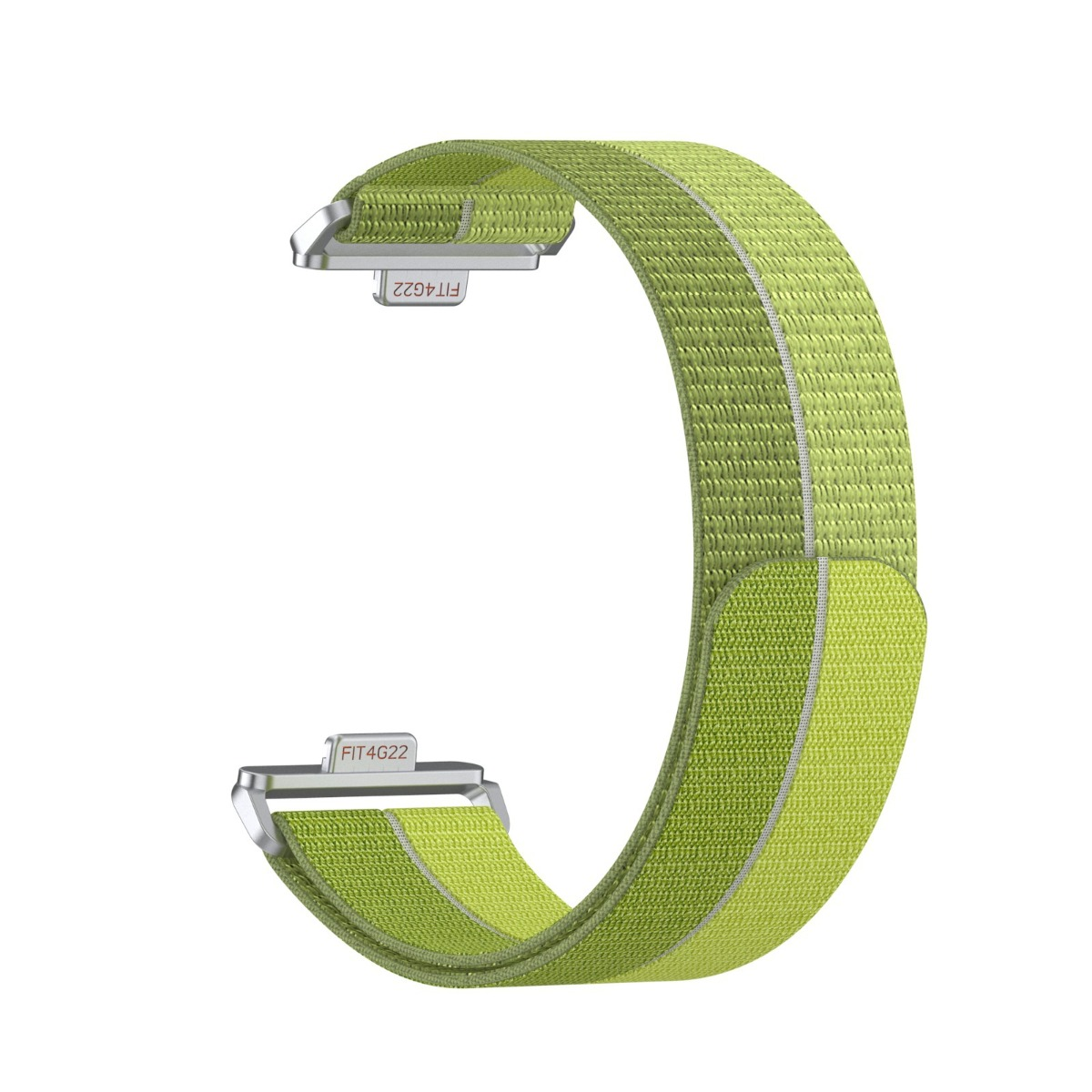 Ein leuchtend grüne Stoffuhrarmband mit silbernen Verbindungsstücken.