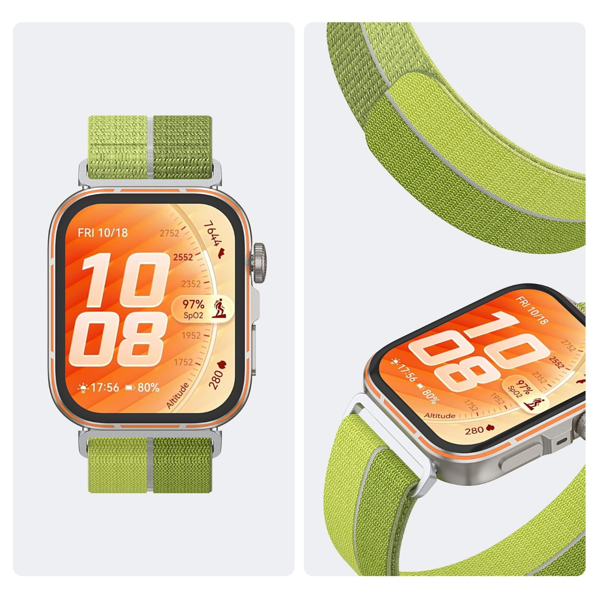 Eine Smartwatch mit grünem Armband zeigt Zeit, SpO2 und Höhe an.