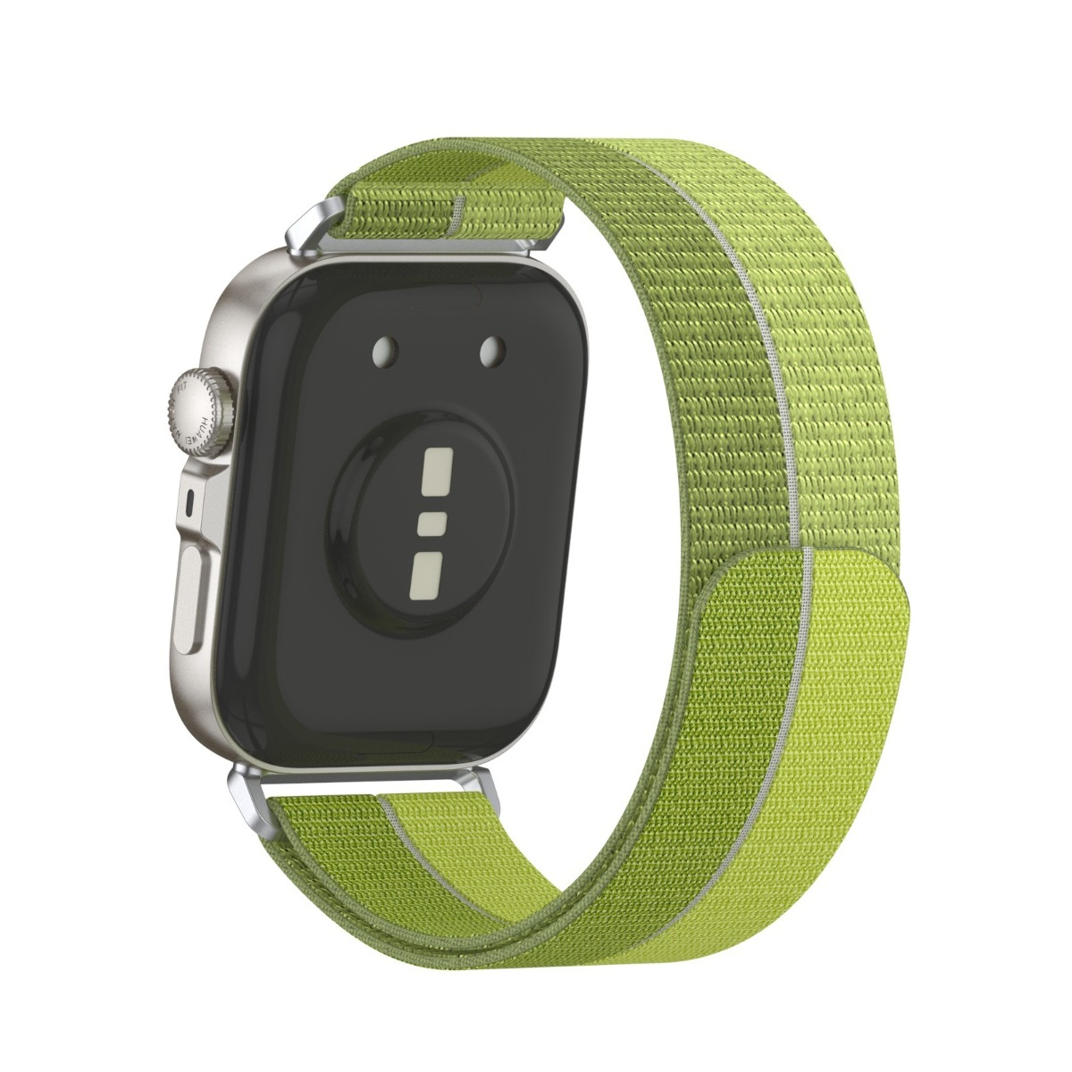 Rückseite einer silbernen Smartwatch mit grünem Stoffarmband, Nahaufnahme.