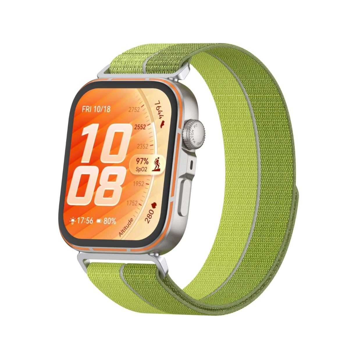 Silberne Smartwatch mit limegrünem Stoffarmband zeigt Uhrzeit 10:08, Datum, SpO2 und Höhe.