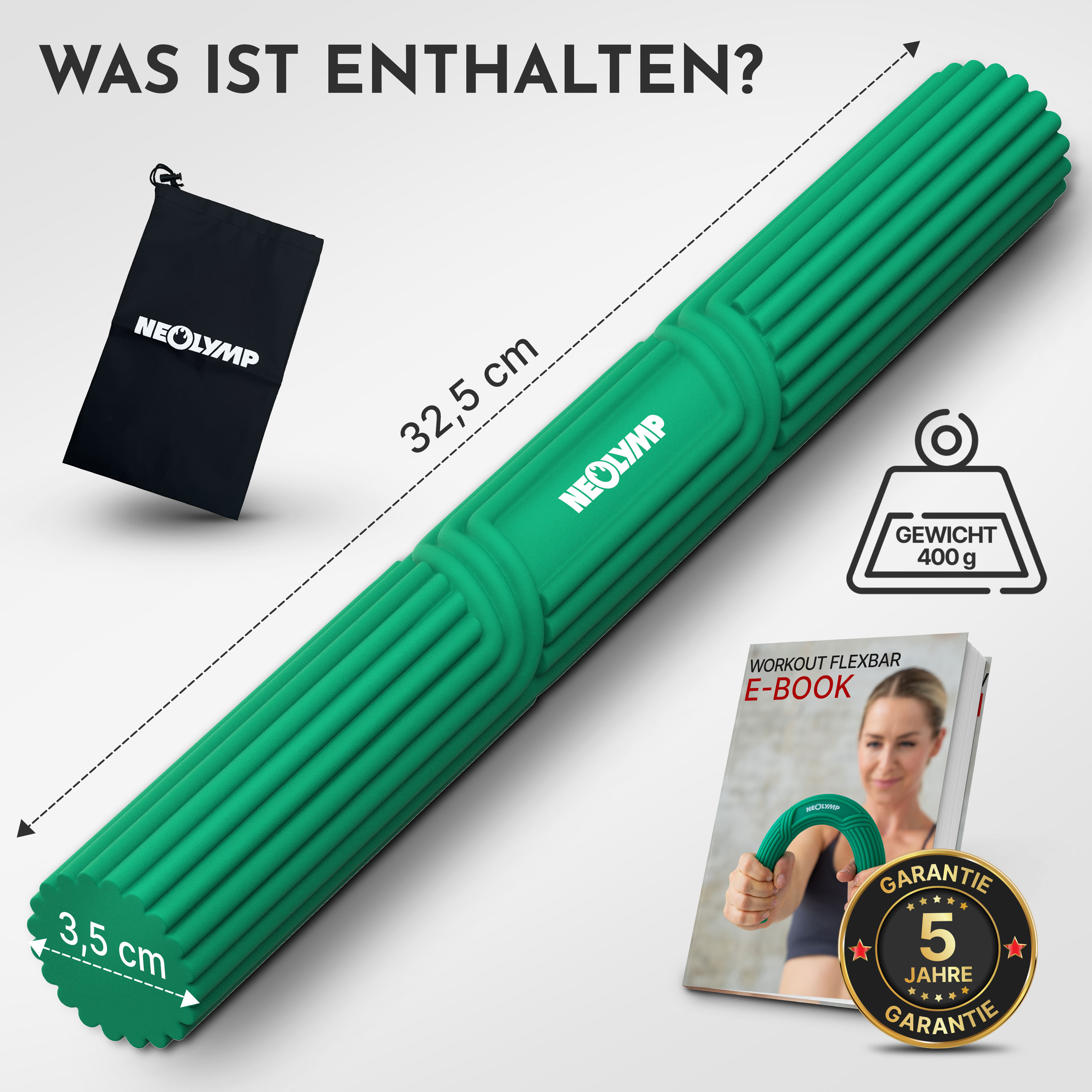 Grüner Flexbar (32,5cm, 3,5cm Ø), schwarze Tasche, E-Book, 400g Gewicht.