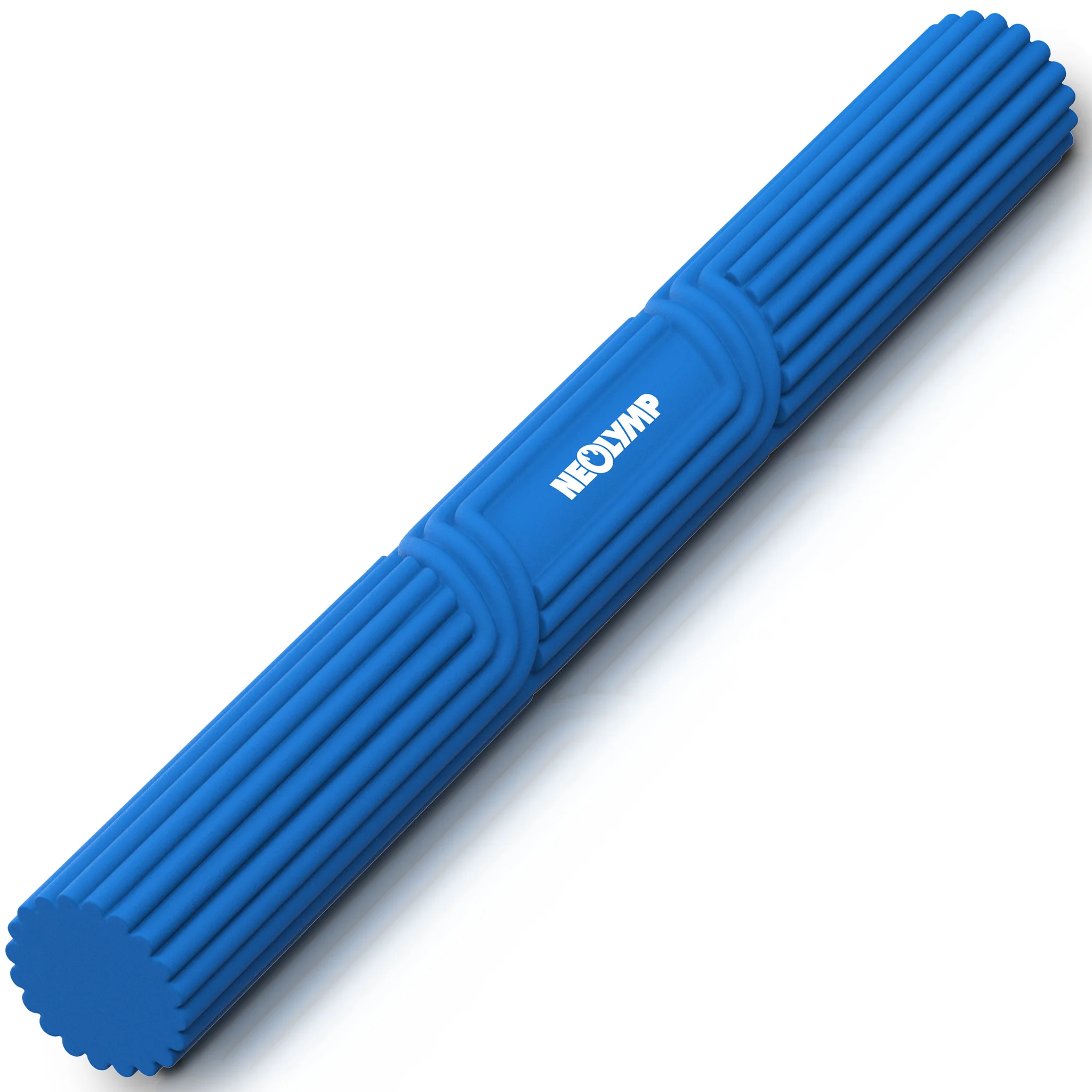 Blauer Schaumstoff-Massageball mit Rillen und Logo.