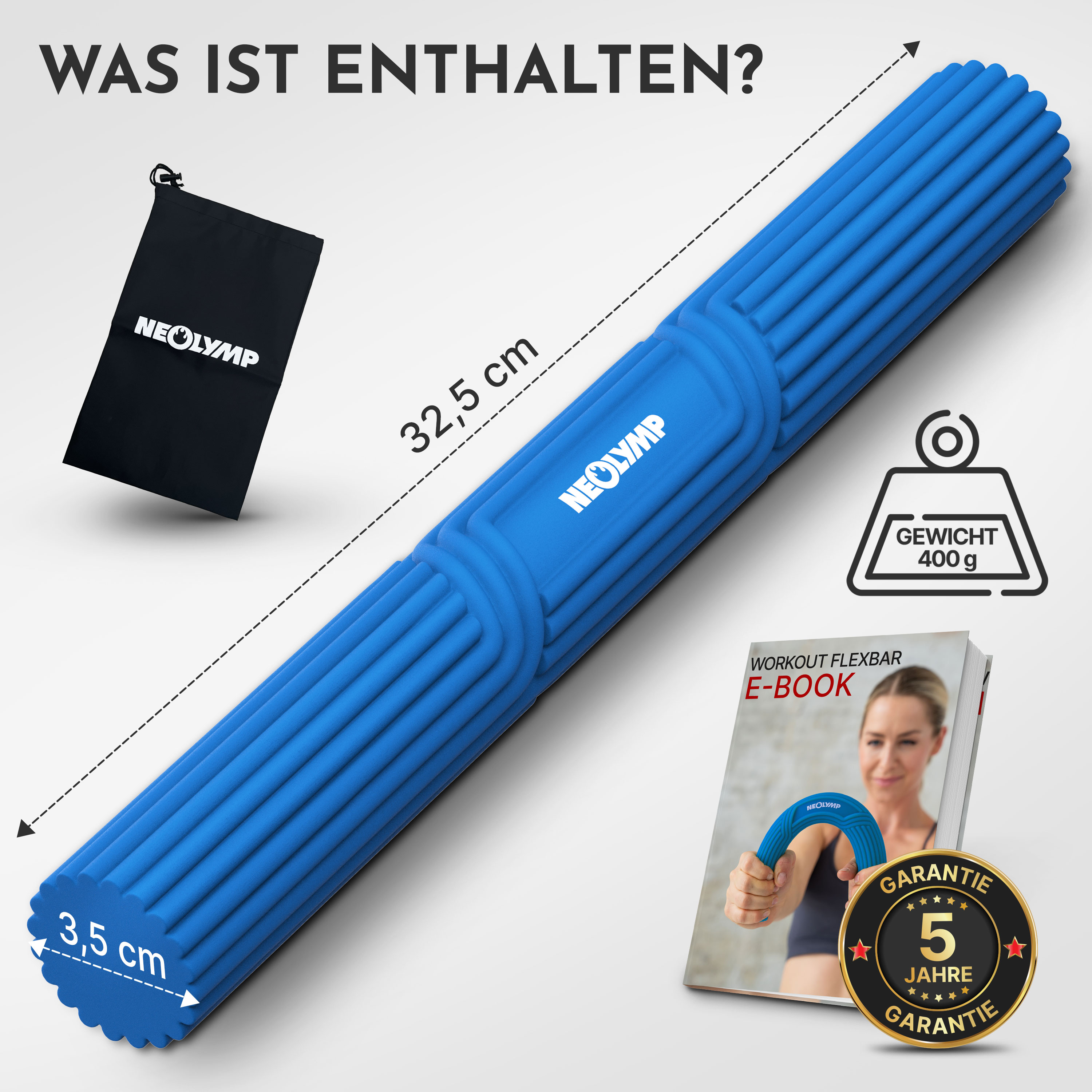 Blauer Gymnastikstab 32,5cm lang, 3,5cm breit, 400g schwer, mit schwarzer Tasche.