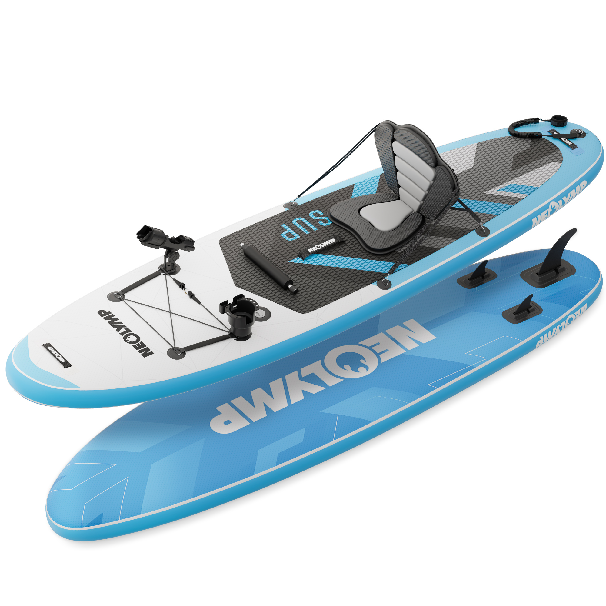 Zwei aufblasbare Stand-Up-Paddleboards mit Kayak-Sitzen und Paddelhaltern.