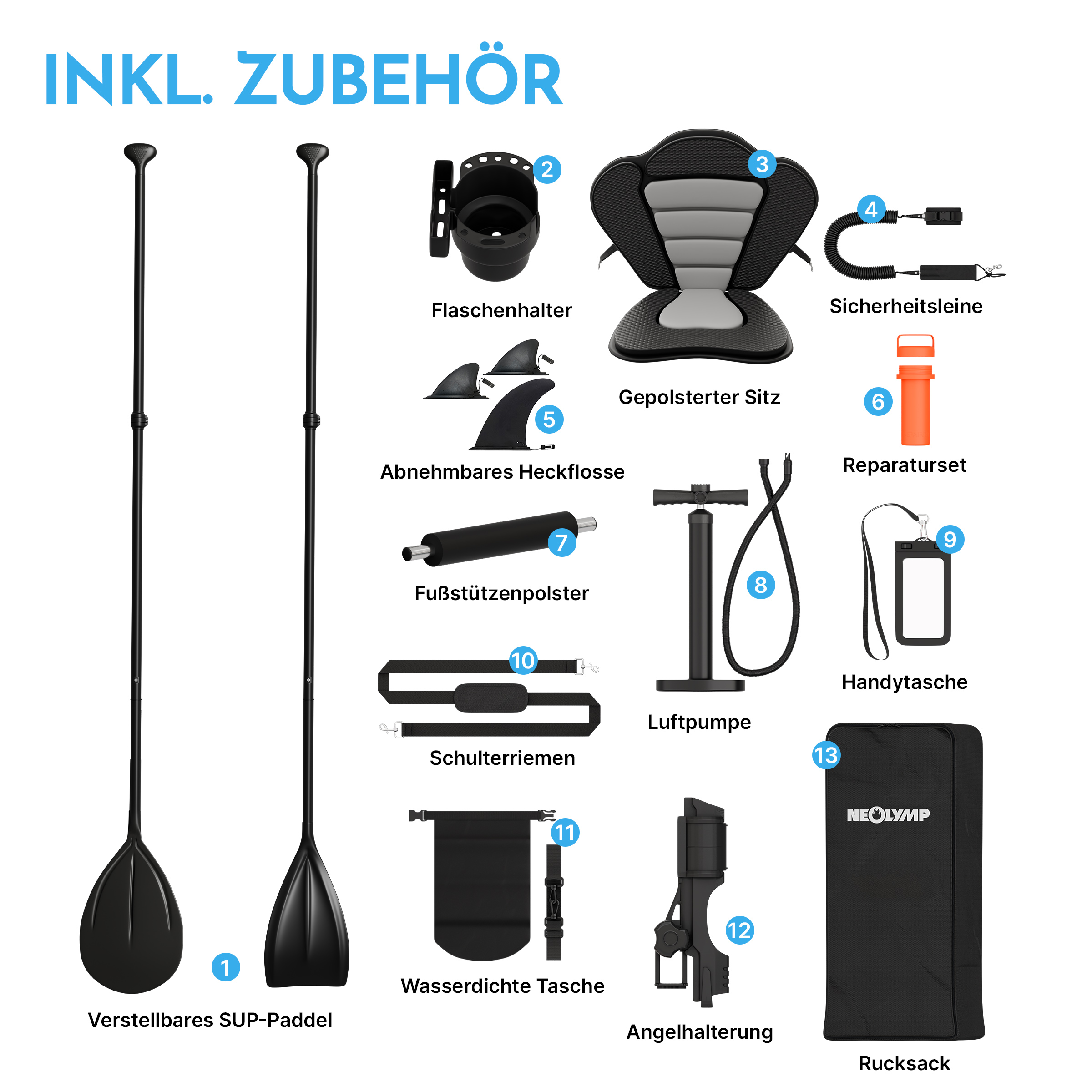Zubehör für SUP: Paddel, Sitz, Pumpe, Flossen, Tasche, Rucksack, etc.