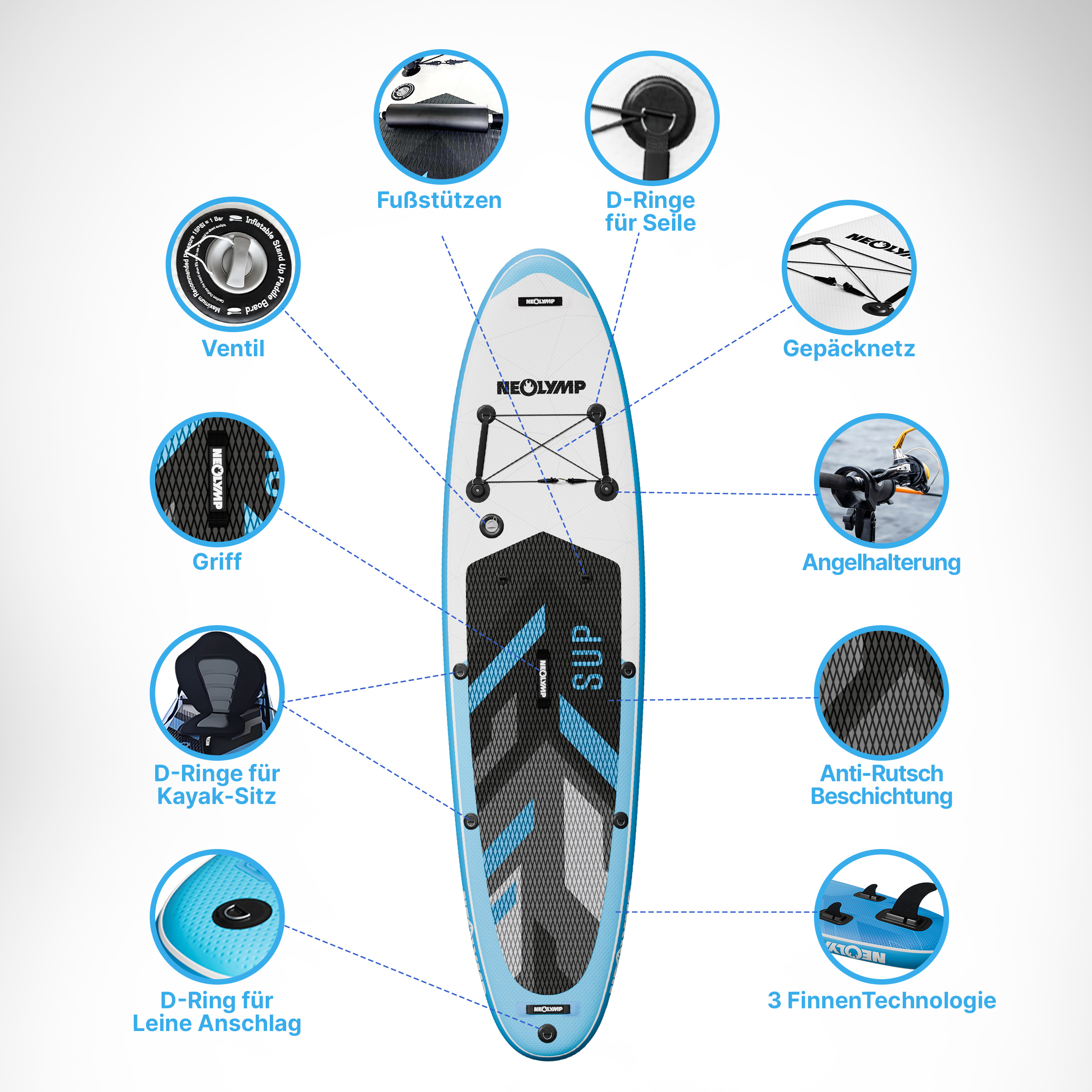 Aufblasbares SUP-Board mit Details wie Fußstützen, Griff, D-Ringen, Gepäcknetz und Angelhalterung.