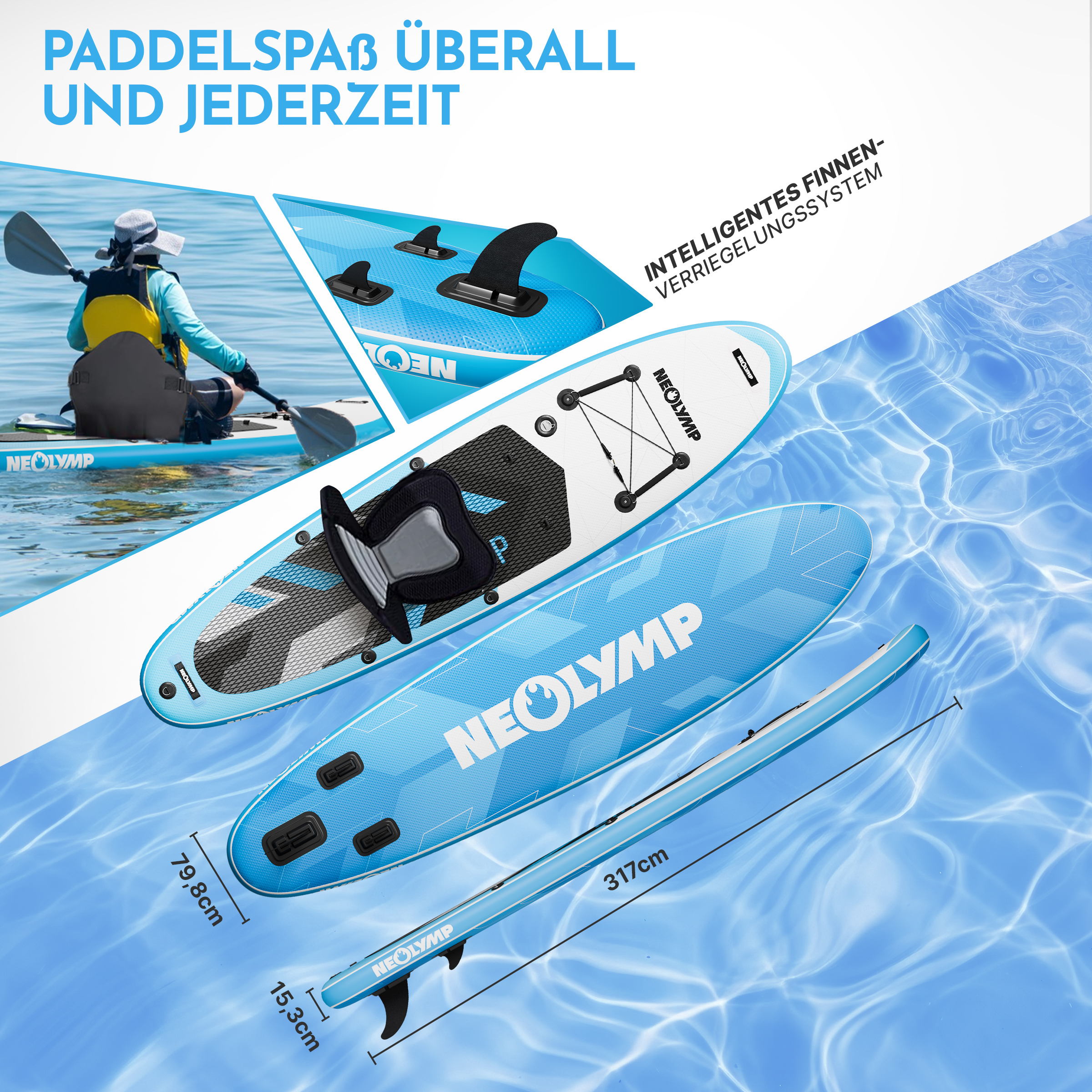 Person paddelt auf SUP-Board, das neben weiteren Boards im Wasser liegt.