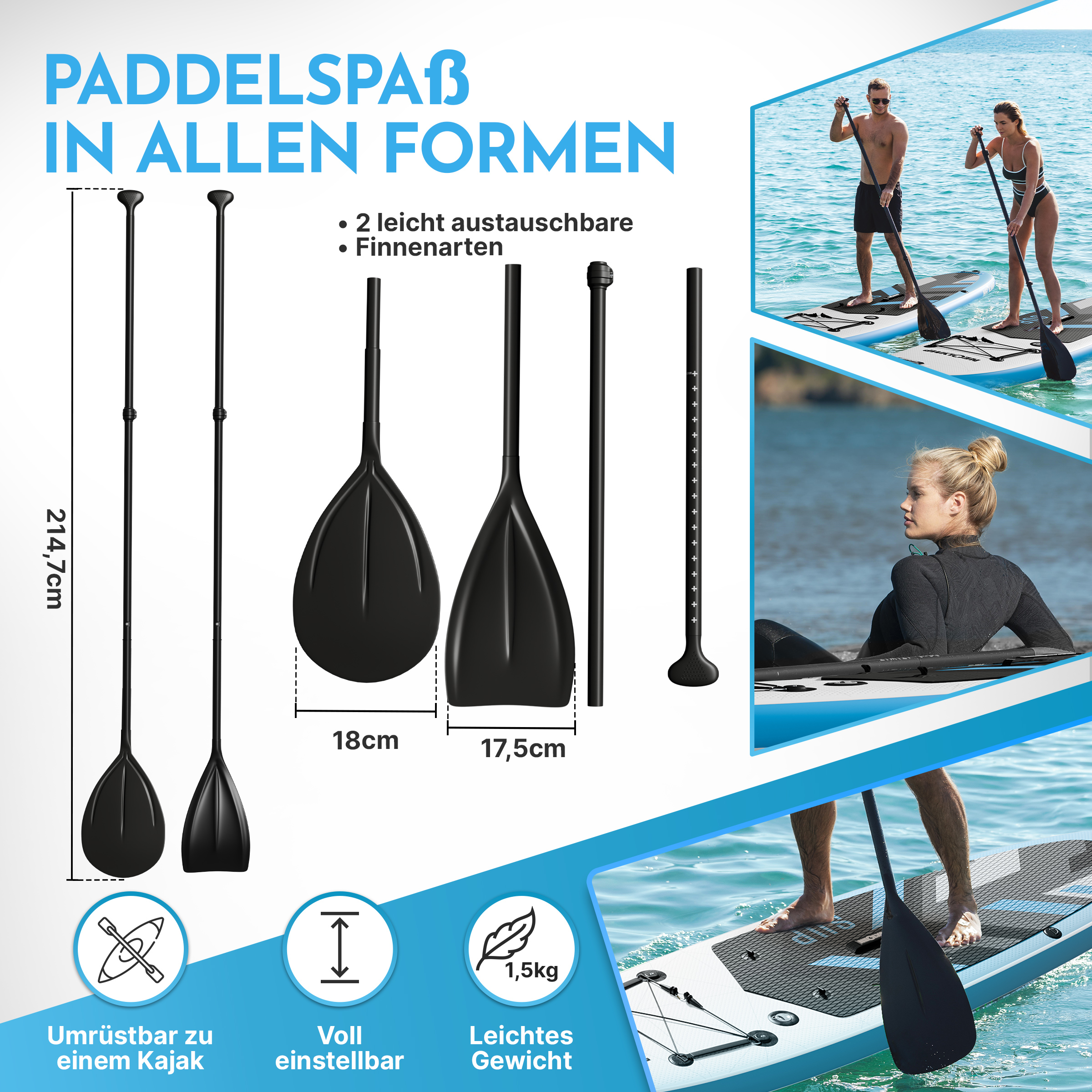 Paddel und Stand-Up-Boards mit Personen auf dem Wasser. Maße und Logos.